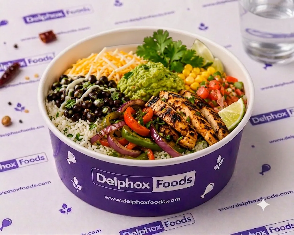 Delphox Foods chicken burrito bowl with cilantro rice, black beans, guacamole and grilled chicken